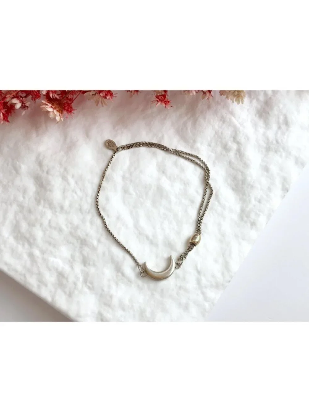 Adjustable Crescent Moon Pendant Minimalist Vintage Sterling Silver 925 Bracelet